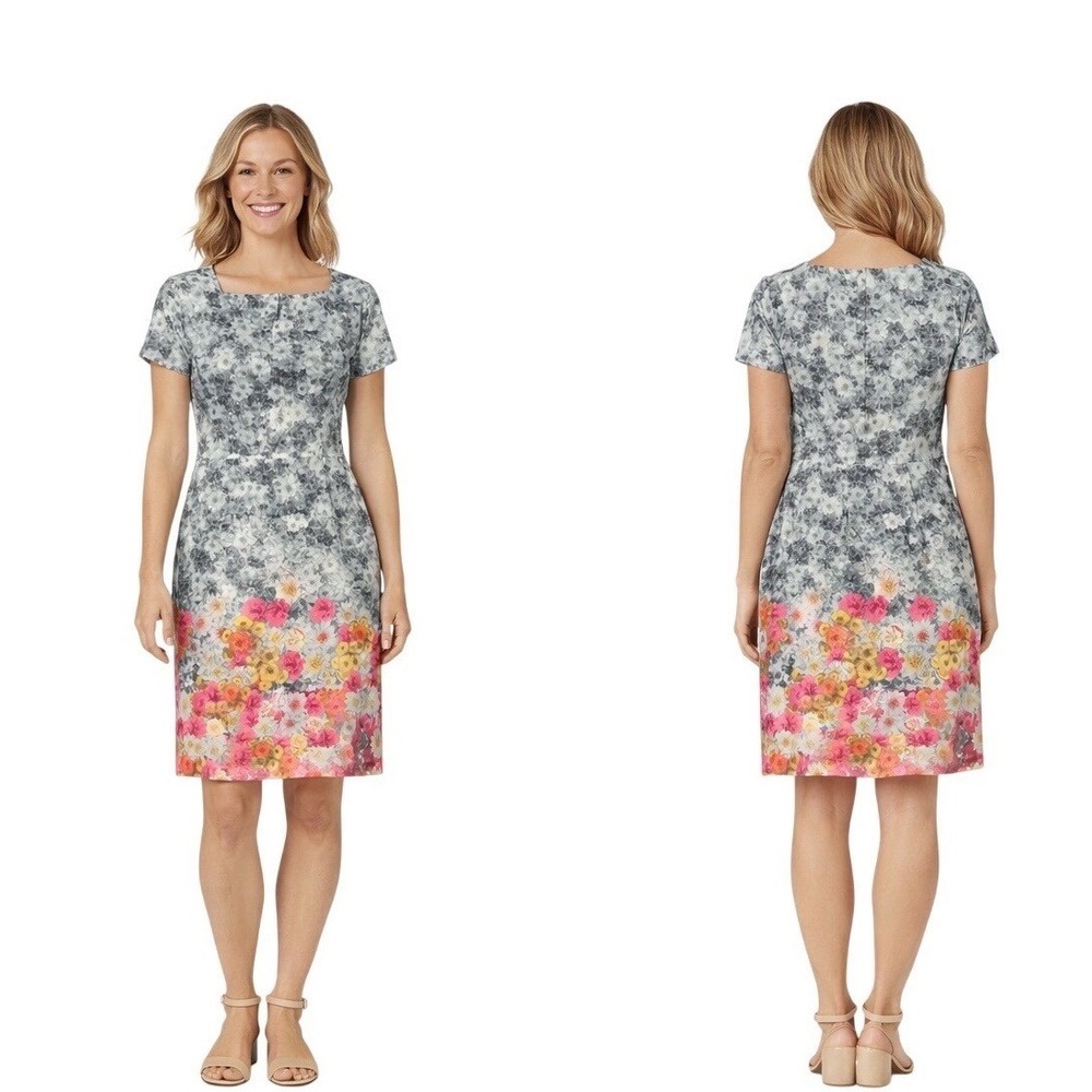Talbots Petites Floral Dress‎ Short Sleeve Knee Length Pink Yellow Gray Size 8P